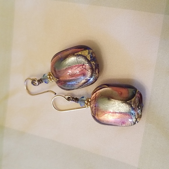 Vintage Dichroic Glass and Crystal Bead Drop Earrings - Picture 3 of 5